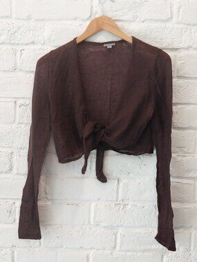 Ann Taylor Front Knot Tie Cropped Cardigan Small Knit Sweater Plum Mohair Wool.